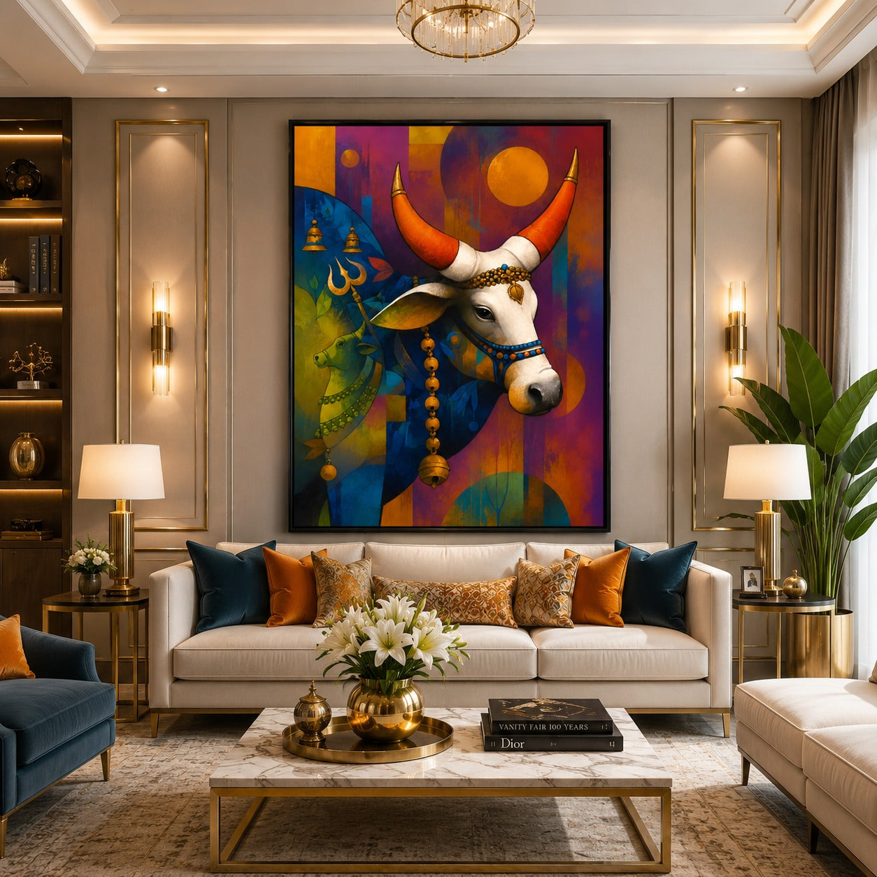 Colorful Nandi bull canvas painting inspired by Lord Shiva with trident symbol, modern spiritual wall art for living room, office and pooja room decor.