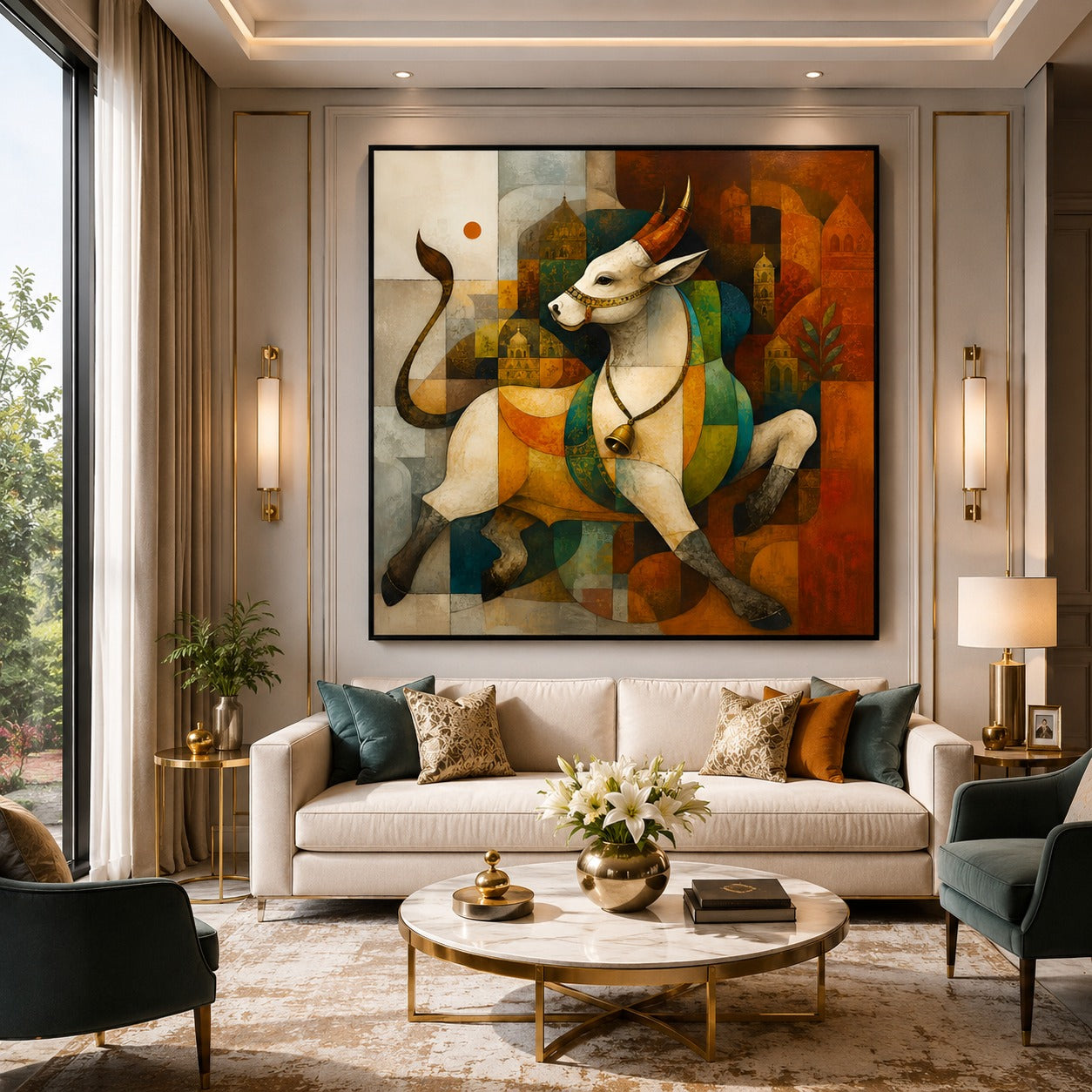 Abstract Sacred Nandi Bull Canvas Painting with geometric modern design in vibrant gold, teal and orange colors displayed in a luxury living room interior.