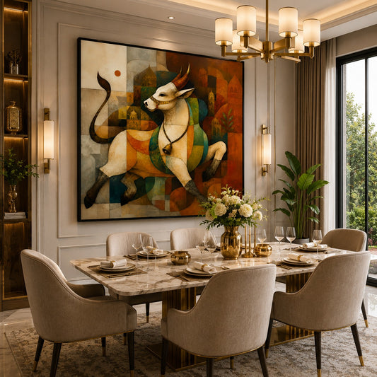 Sacred Nandi Bull Abstract Canvas Painting | Modern Geometric Wall Art for Living Room & Office | Premium Ready-to-Hang Canvas