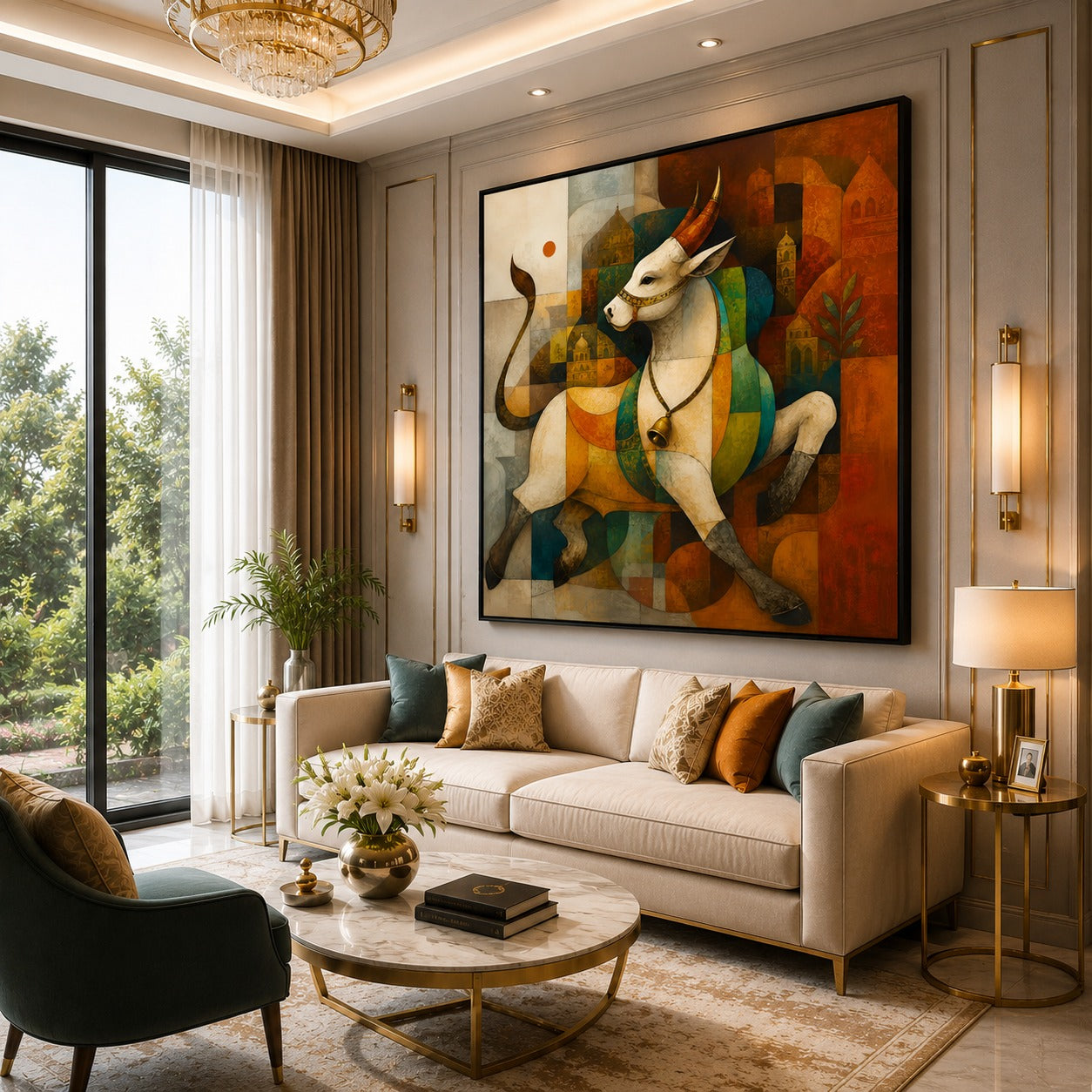 Sacred Nandi Bull Abstract Canvas Painting | Modern Geometric Wall Art for Living Room & Office | Premium Ready-to-Hang Canvas