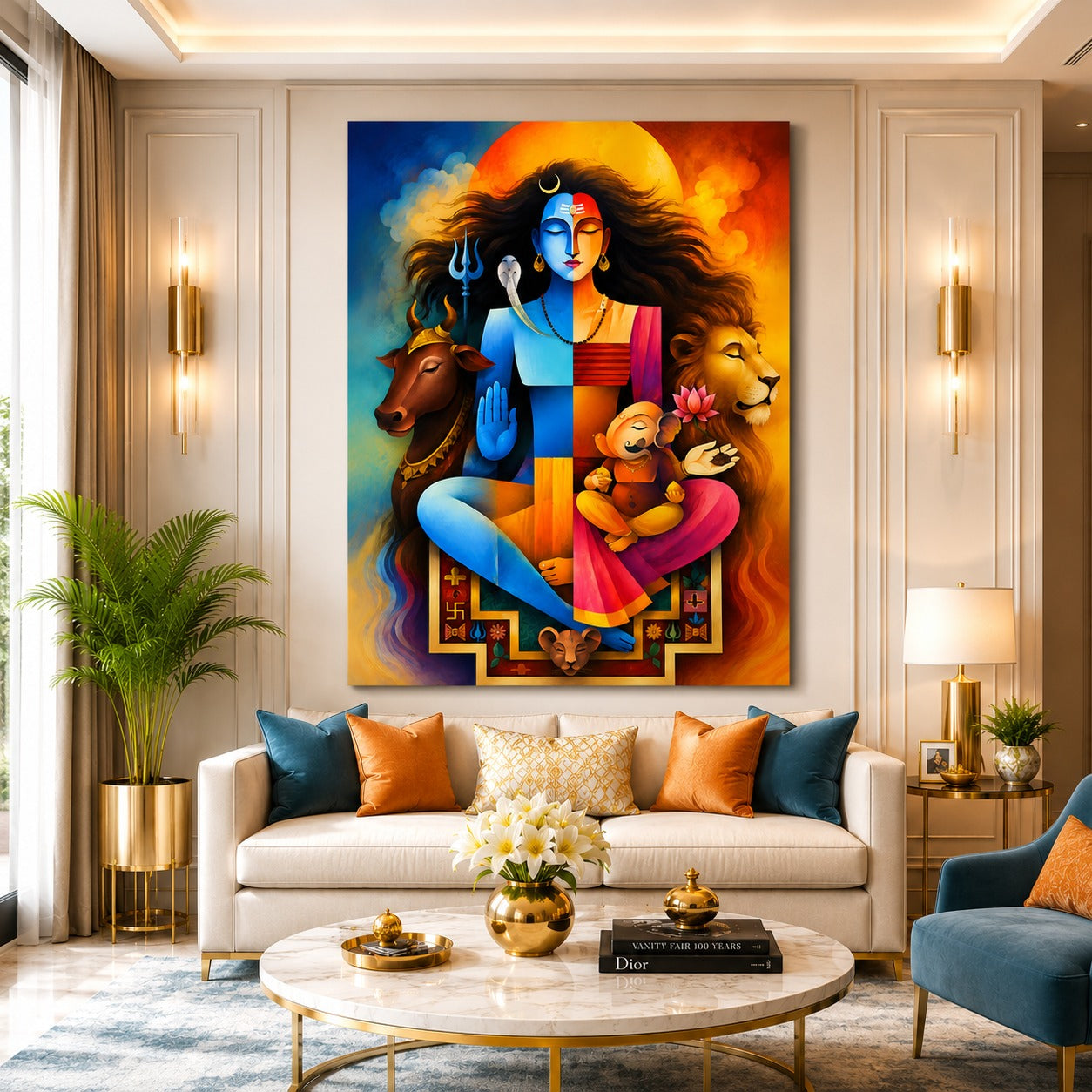 Modern Shiv Parivar canvas painting featuring Lord Shiva, Maa Parvati, Lord Ganesha, Nandi and lion in vibrant contemporary colors for office, living room and spiritual wall decor.