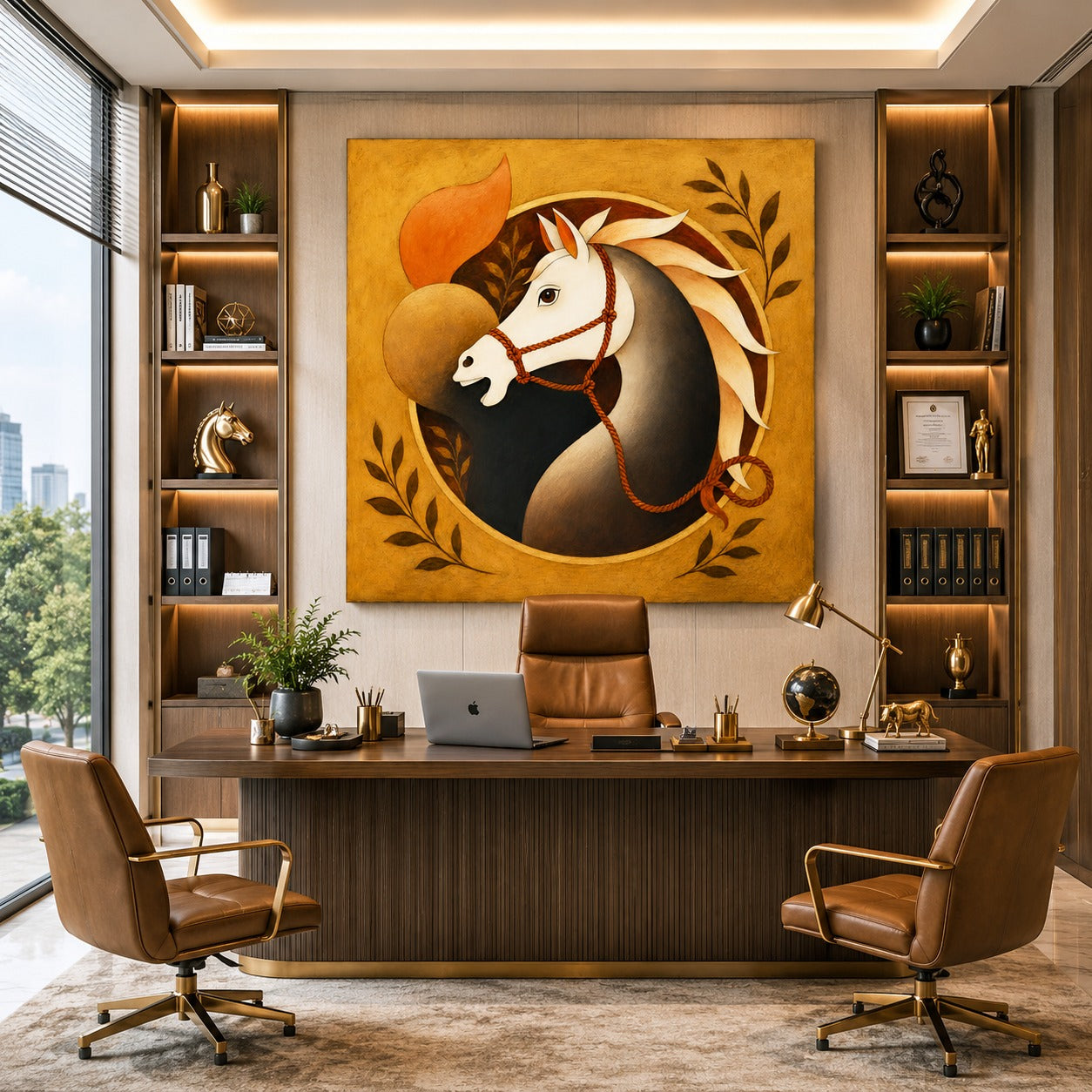Majestic White Horse Canvas Painting – Modern Equine Wall Art | Luxury Golden Horse Artwork for Living Room & Dining Room Decor