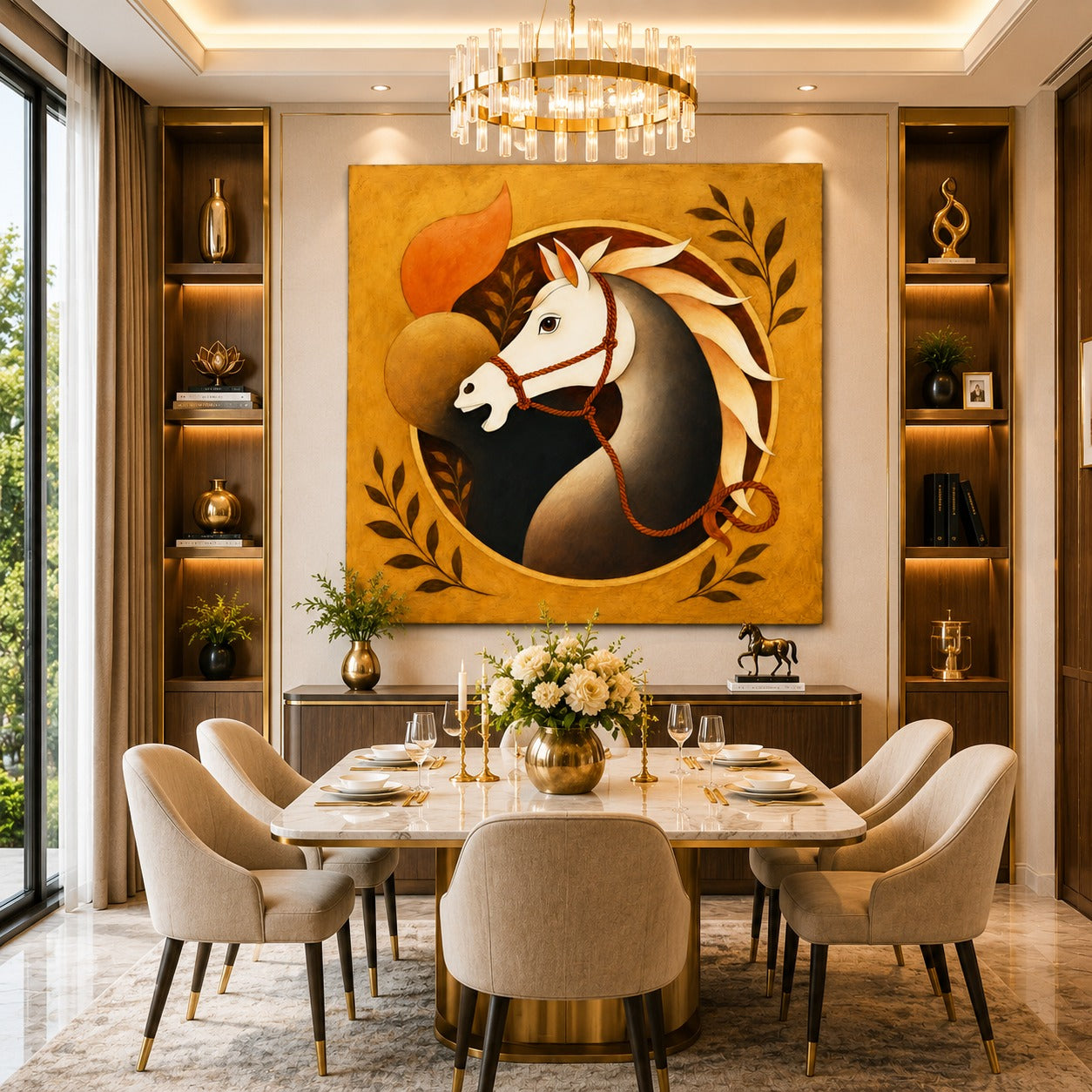 Majestic White Horse Canvas Painting – Modern Equine Wall Art | Luxury Golden Horse Artwork for Living Room & Dining Room Decor