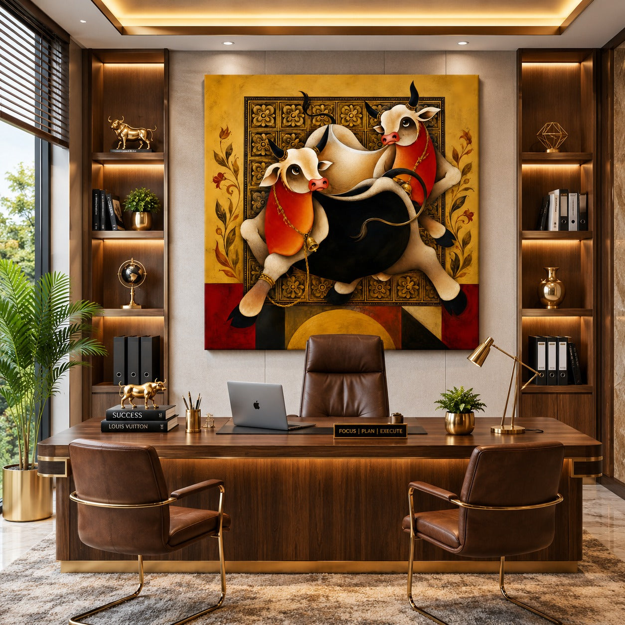 Enhance your interiors with this Twin Sacred Cows Canvas Painting. Premium Indian-inspired animal wall art featuring elegant golden and red tones, perfect for offices, living rooms, reception areas, and luxury home decor.