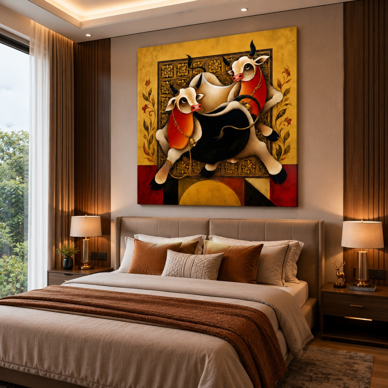 Twin Sacred Cows Canvas Painting – Modern Indian Cow Wall Art | Premium Animal Artwork for Office, Living Room & Home Decor