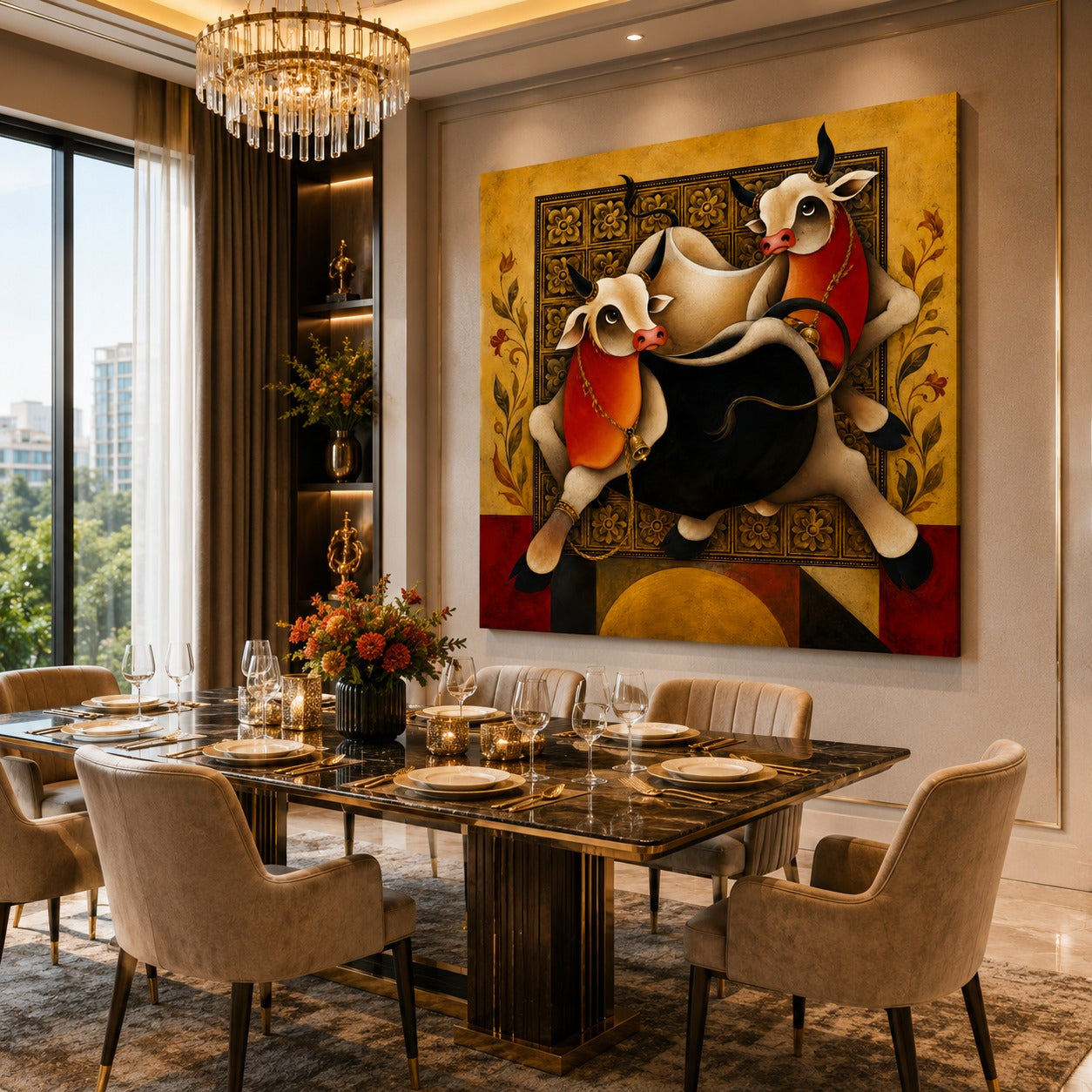Twin Sacred Cows Canvas Painting – Modern Indian Cow Wall Art | Premium Animal Artwork for Office, Living Room & Home Decor