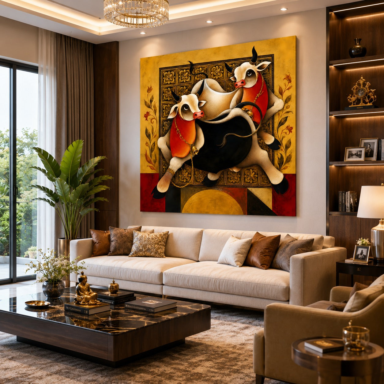 Twin Sacred Cows Canvas Painting – Modern Indian Cow Wall Art | Premium Animal Artwork for Office, Living Room & Home Decor