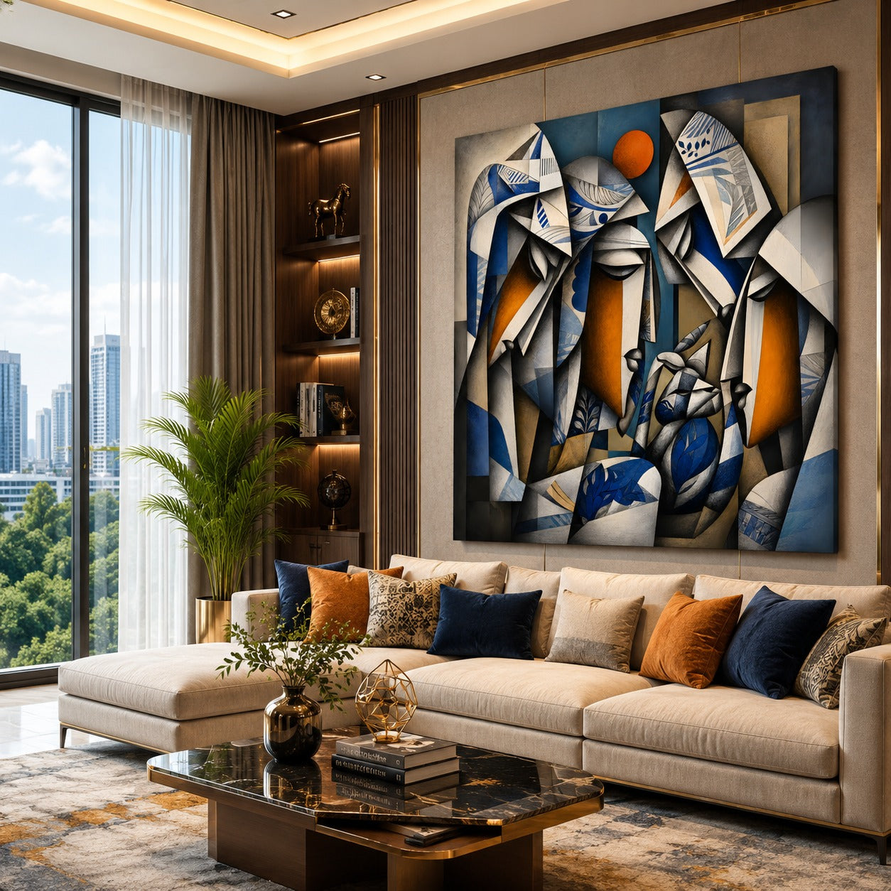 Modern Abstract Family Canvas Painting – Contemporary Geometric Wall Art | Luxury Blue & Gold Artwork for Office, Living Room & Home Decor