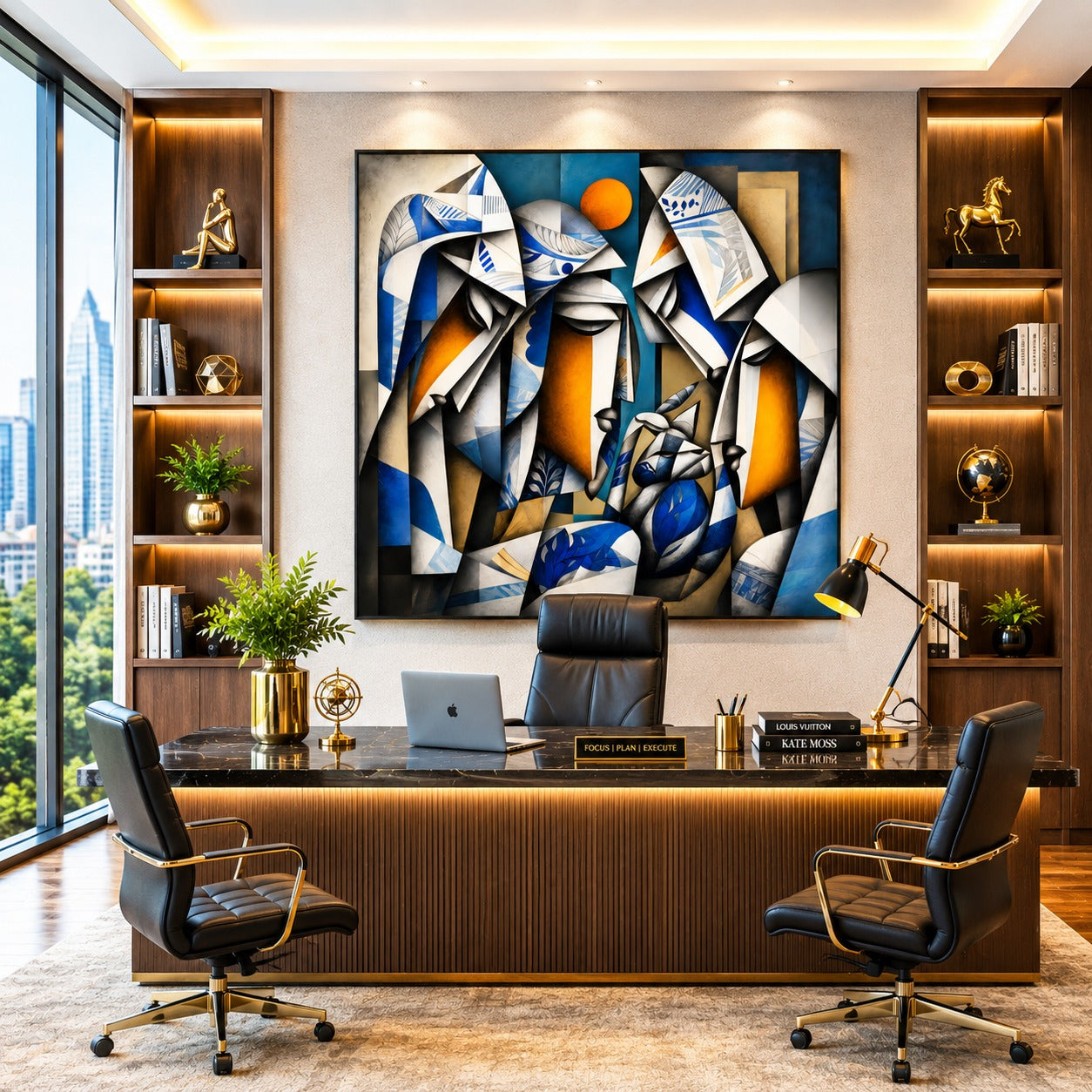 Enhance your interiors with this Modern Abstract Family Canvas Painting featuring geometric blue and gold tones. Premium contemporary wall art for offices, living rooms, reception areas, and luxury home decor.