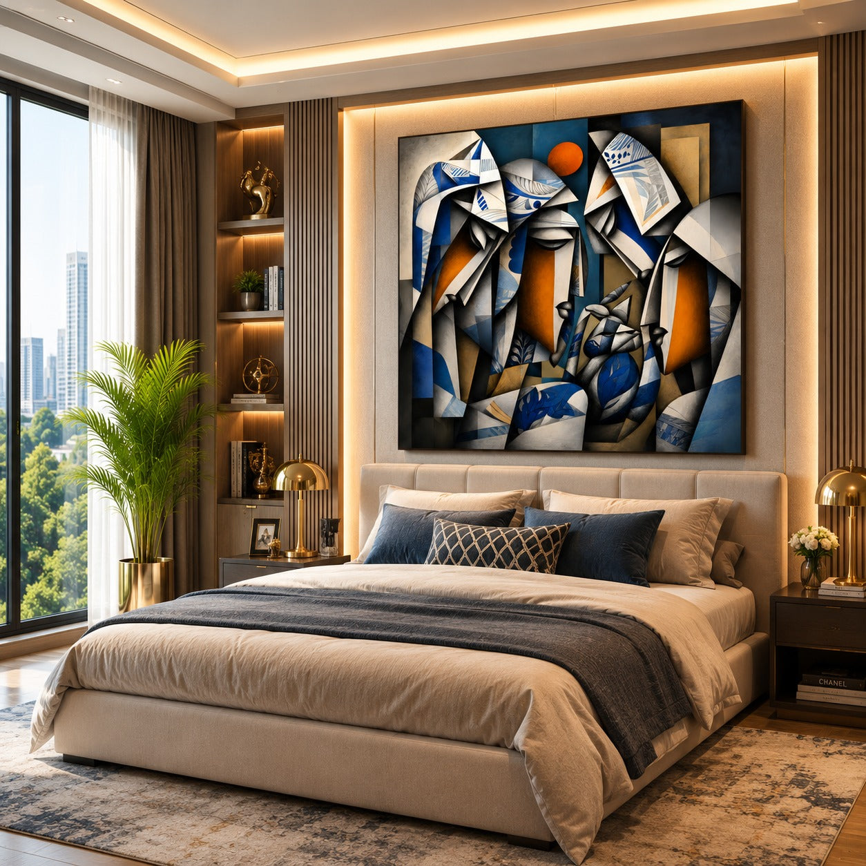 Modern Abstract Family Canvas Painting – Contemporary Geometric Wall Art | Luxury Blue & Gold Artwork for Office, Living Room & Home Decor