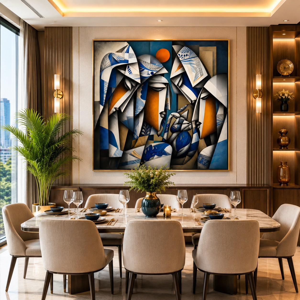 Modern Abstract Family Canvas Painting – Contemporary Geometric Wall Art | Luxury Blue & Gold Artwork for Office, Living Room & Home Decor
