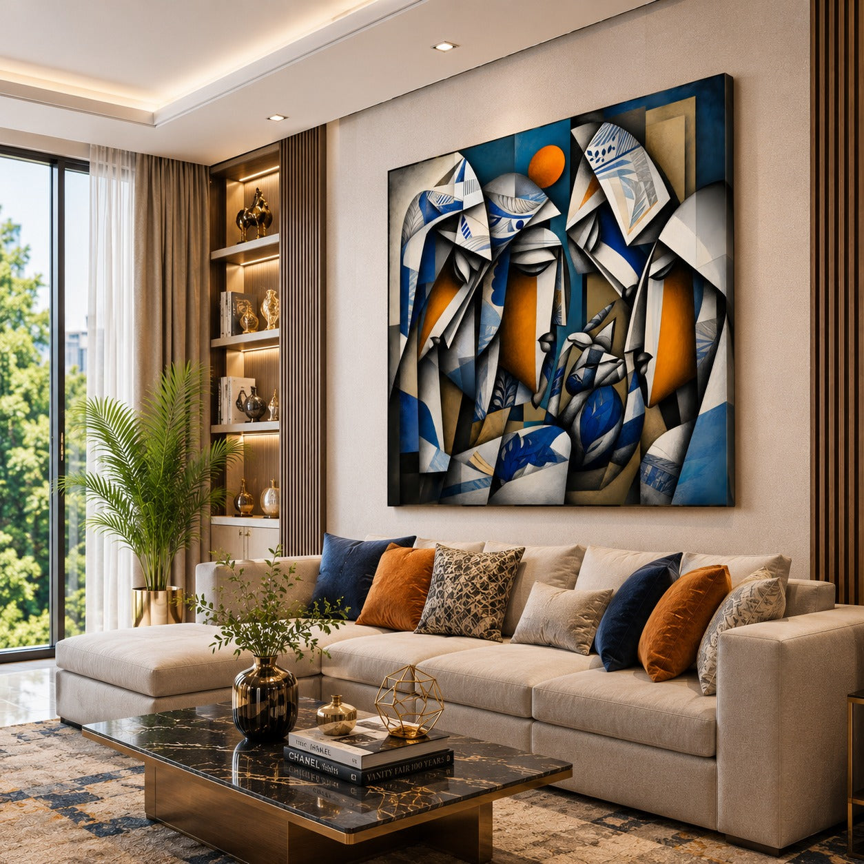 Modern Abstract Family Canvas Painting – Contemporary Geometric Wall Art | Luxury Blue & Gold Artwork for Office, Living Room & Home Decor