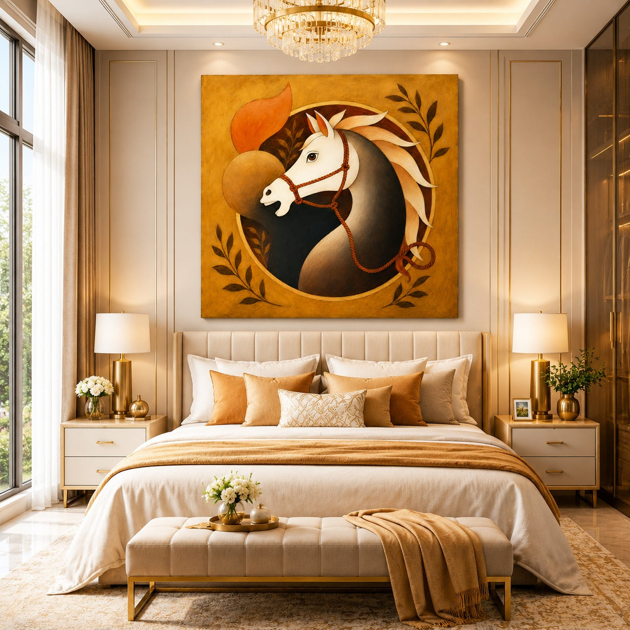 Majestic White Horse Canvas Painting – Modern Equine Wall Art | Luxury Golden Horse Artwork for Living Room & Dining Room Decor
