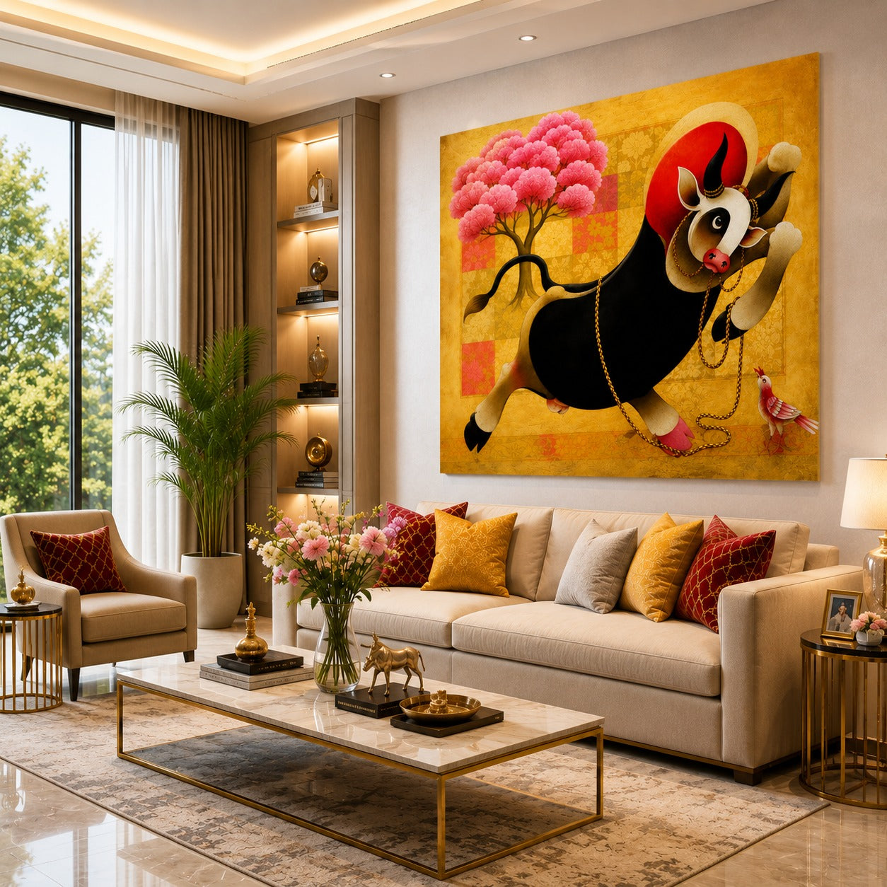 Prosperity Cow Canvas Painting – Modern Indian Cow Wall Art | Golden & Black Sacred Cow Artwork for Living Room Decor