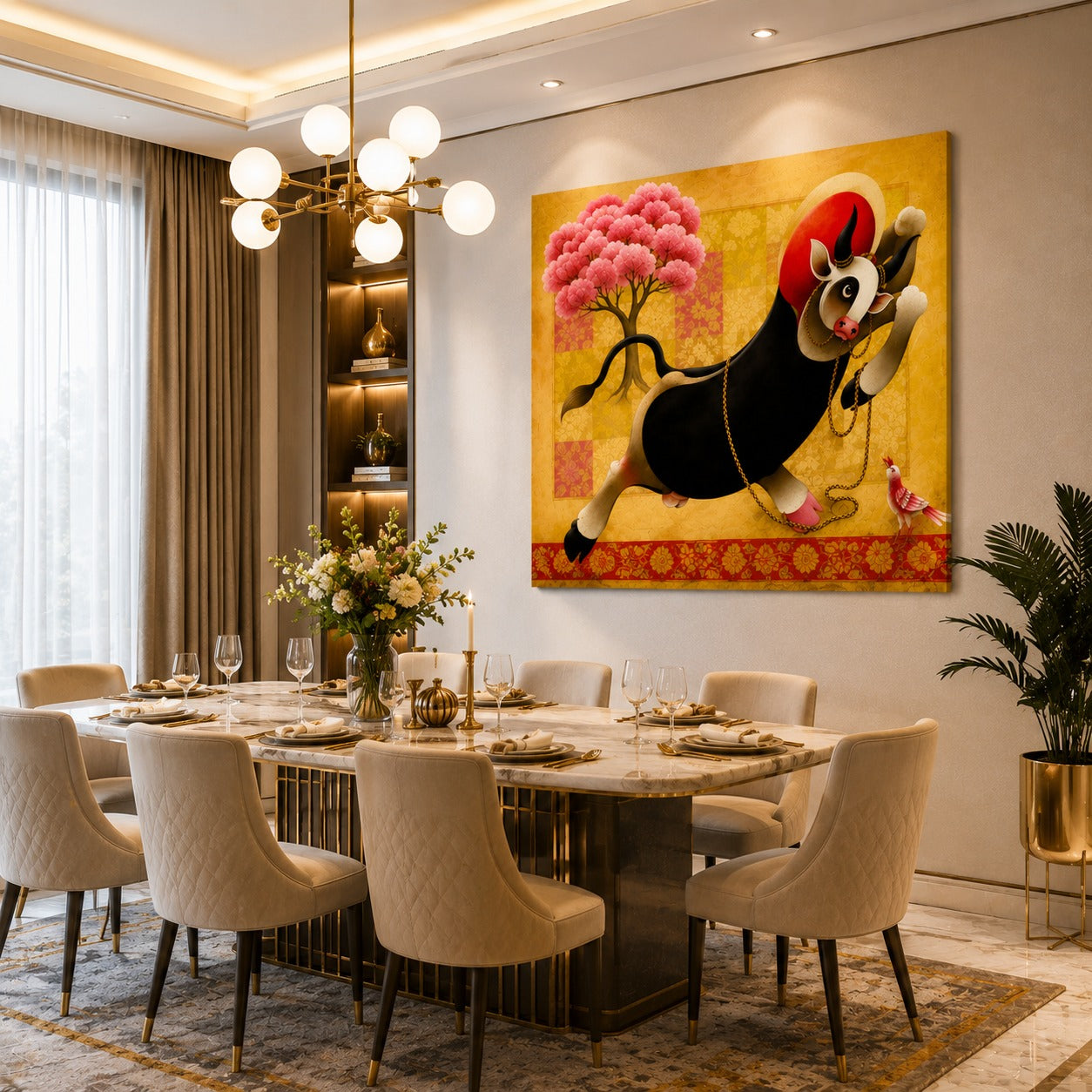Prosperity Cow Canvas Painting – Modern Indian Cow Wall Art | Golden & Black Sacred Cow Artwork for Living Room Decor