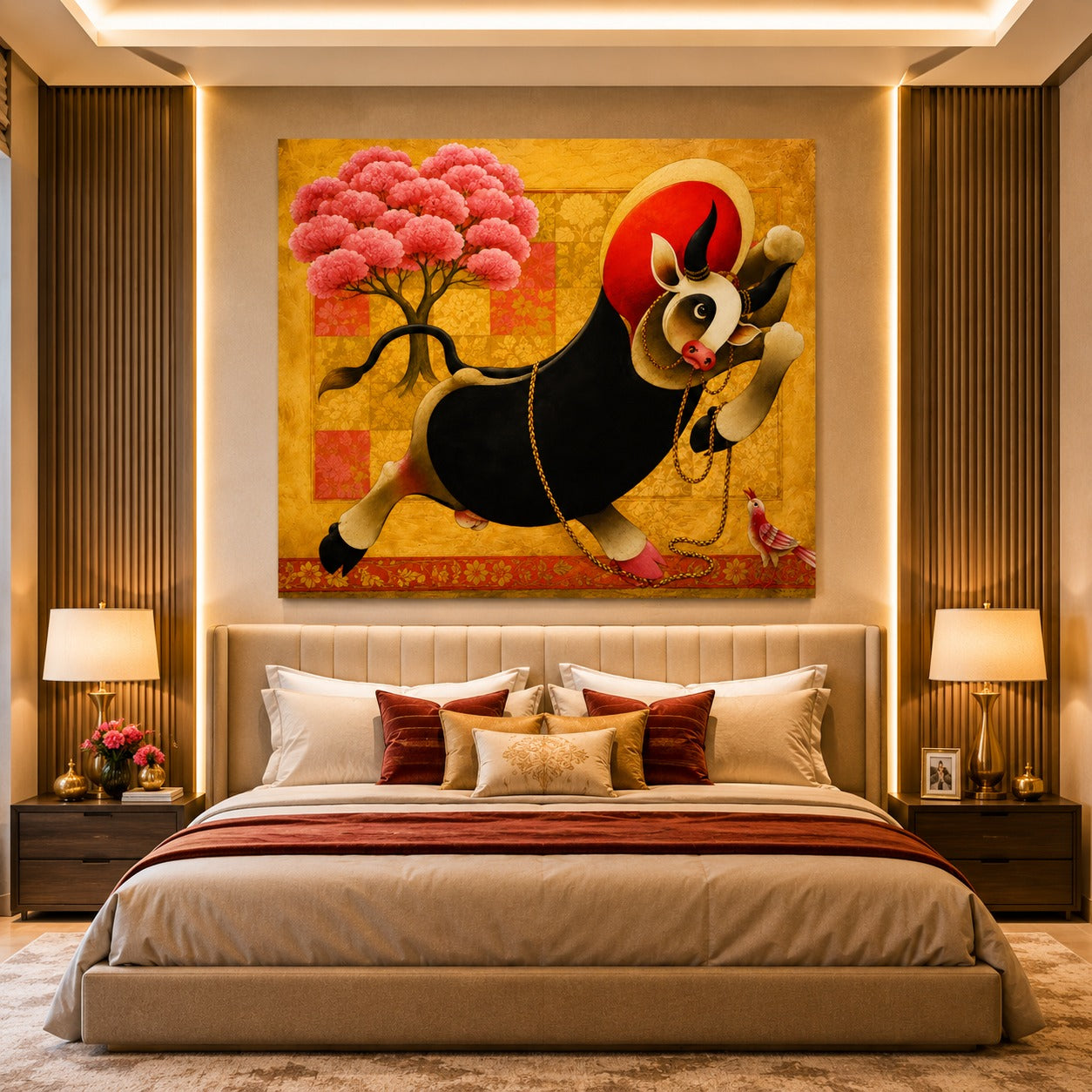 Prosperity Cow Canvas Painting – Modern Indian Cow Wall Art | Golden & Black Sacred Cow Artwork for Living Room Decor