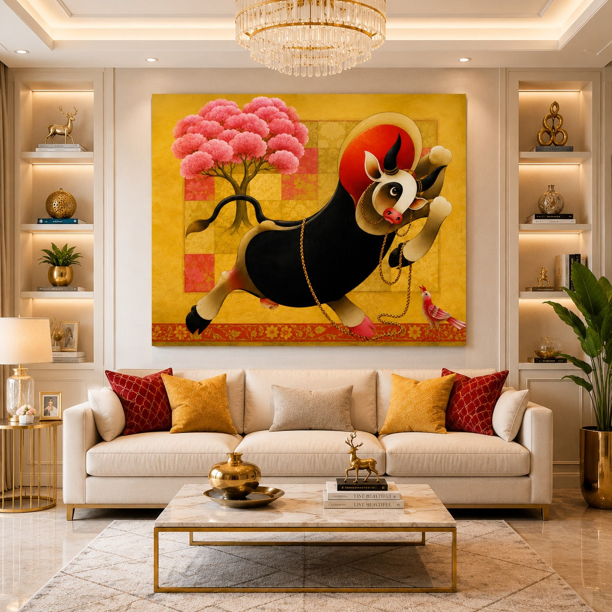 Prosperity Cow Canvas Painting – Modern Indian Cow Wall Art | Golden & Black Sacred Cow Artwork for Living Room Decor