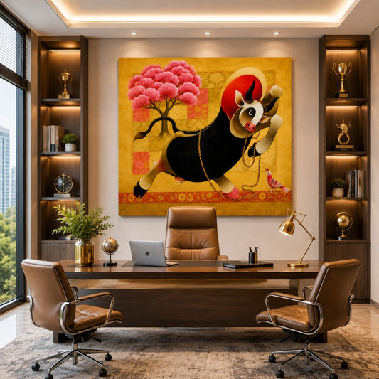 Prosperity Cow Canvas Painting featuring a sacred black and white cow with a blooming pink tree on a golden background, modern Indian wall art for living room and home decor.
