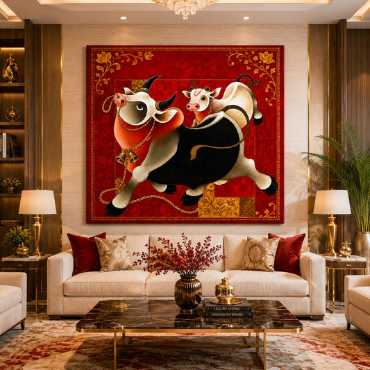 Sacred Cow & Calf Canvas Painting – Traditional Indian Wall Art | Prosperity & Family Bond Artwork for Living Room Decor
