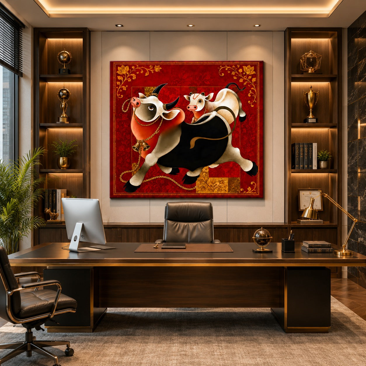 Sacred Cow & Calf Canvas Painting – Traditional Indian Wall Art | Prosperity & Family Bond Artwork for Living Room Decor