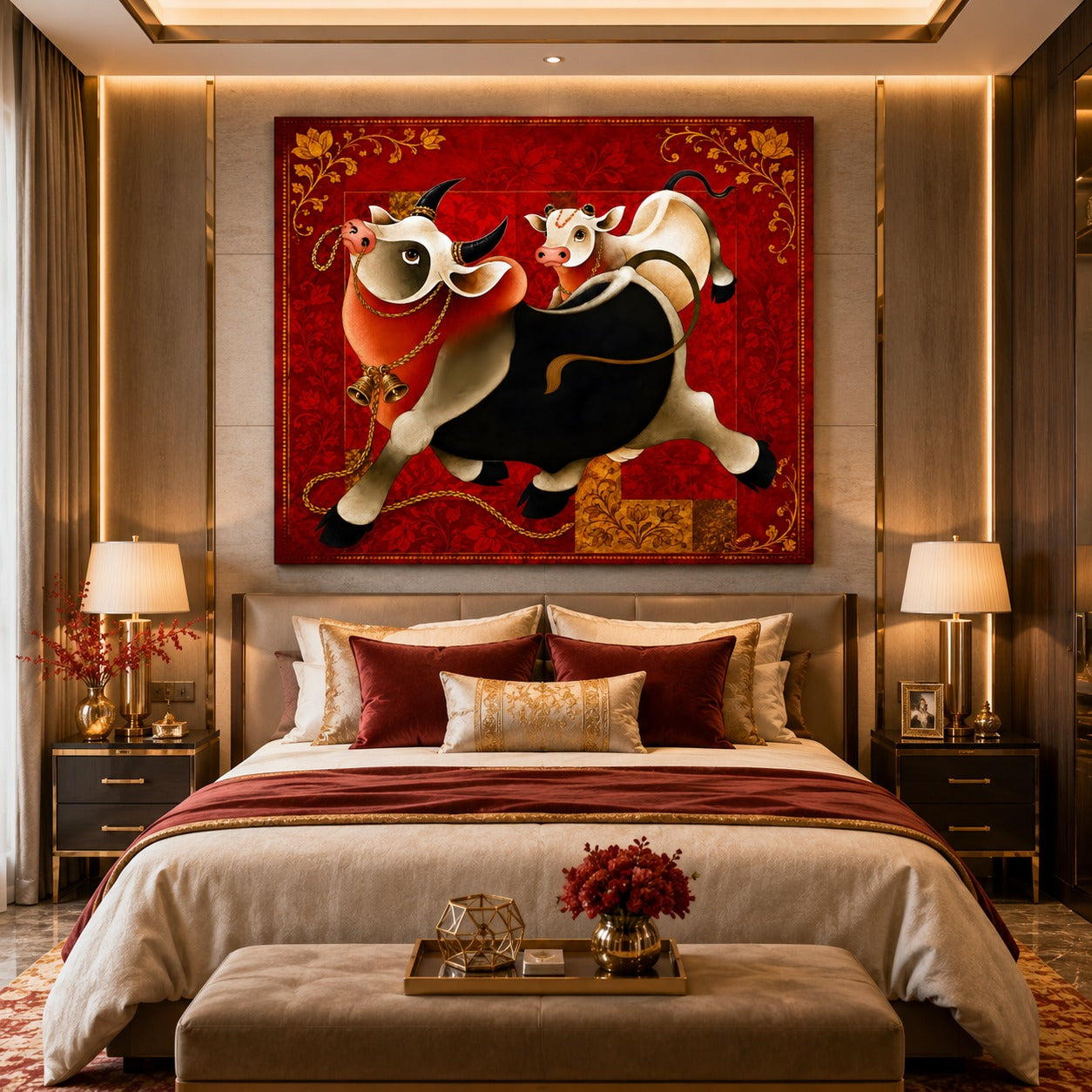 Sacred Cow & Calf Canvas Painting – Traditional Indian Wall Art | Prosperity & Family Bond Artwork for Living Room Decor