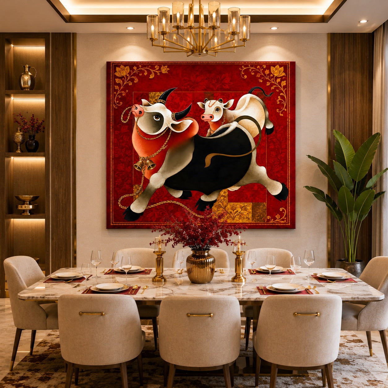 Sacred Cow & Calf Canvas Painting – Traditional Indian Wall Art | Prosperity & Family Bond Artwork for Living Room Decor