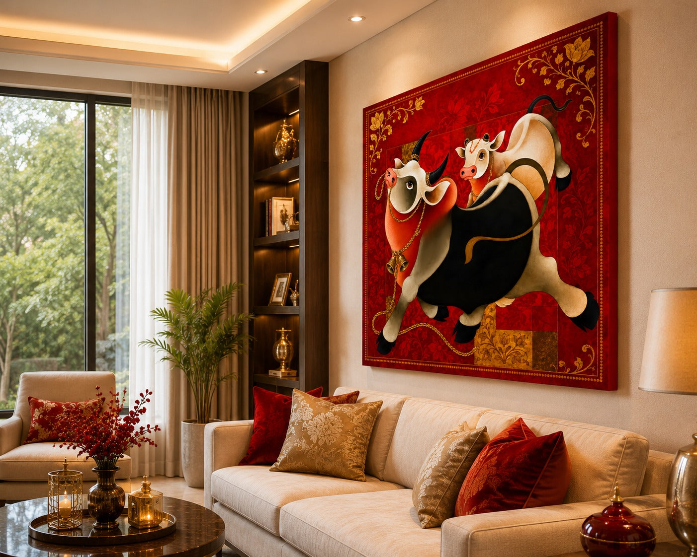 Sacred Cow & Calf Canvas Painting – Traditional Indian Wall Art | Prosperity & Family Bond Artwork for Living Room Decor