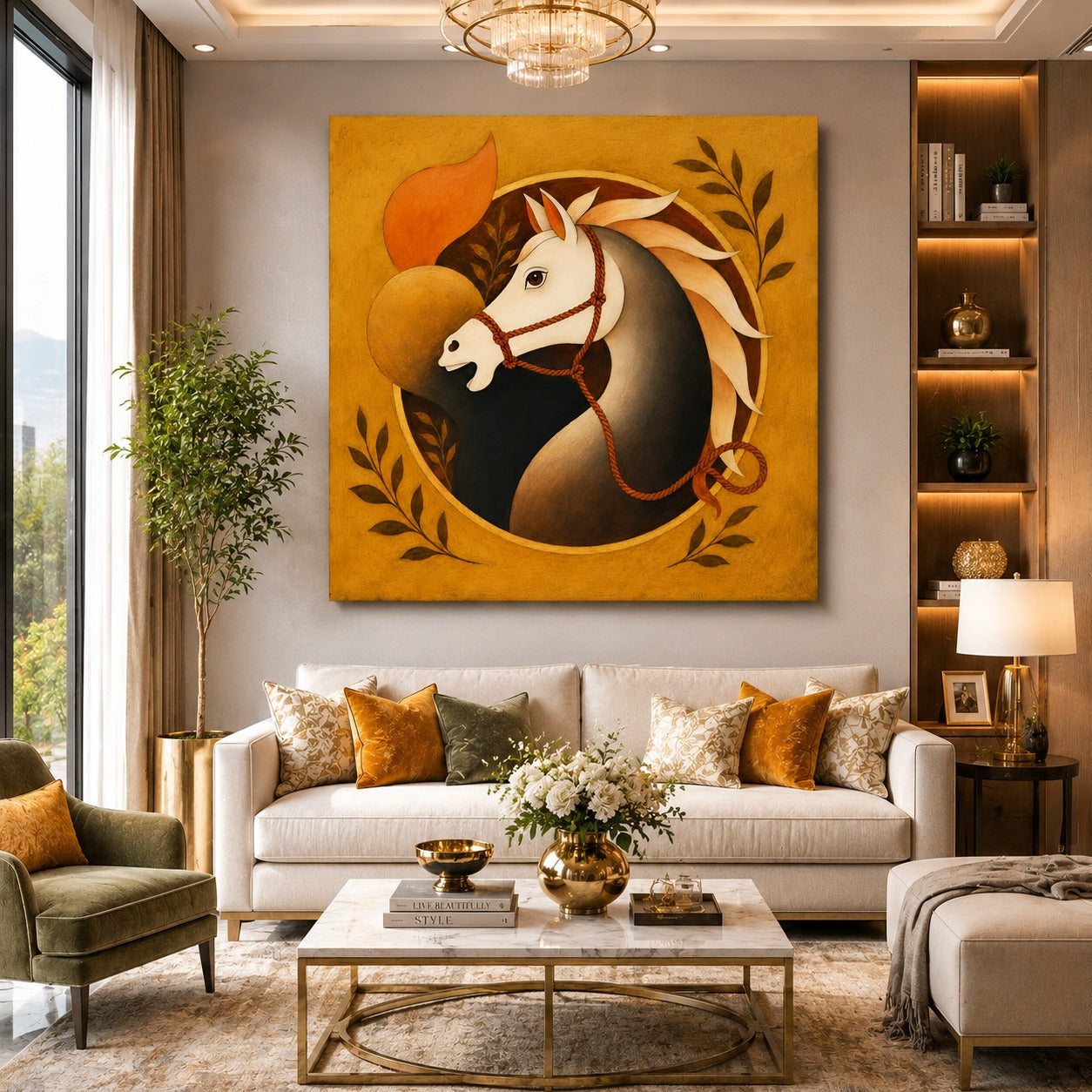 Enhance your home with this Majestic White Horse Canvas Painting. Premium modern equine wall art featuring elegant golden tones, perfect for living rooms, dining areas, offices, and luxury interiors.