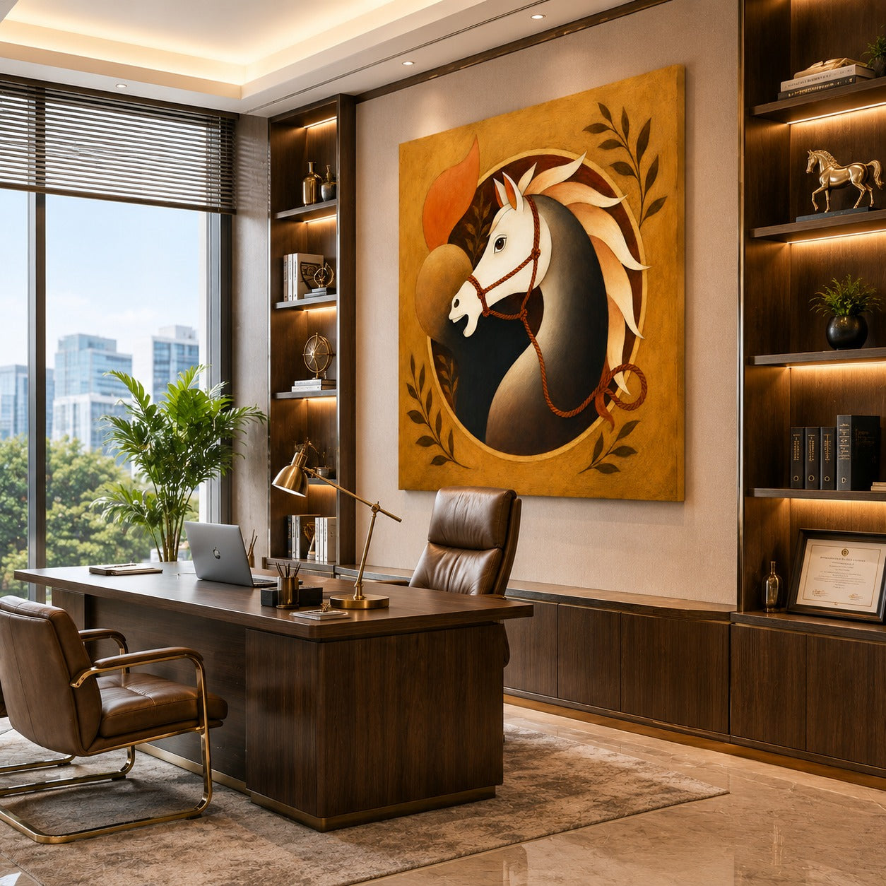 Majestic White Horse Canvas Painting – Modern Equine Wall Art | Luxury Golden Horse Artwork for Living Room & Dining Room Decor