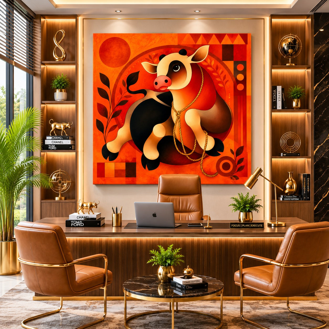 Modern Cow Canvas Painting – Contemporary Cow Wall Art | Vibrant Orange Cow Artwork for Office, Living Room & Home Decor