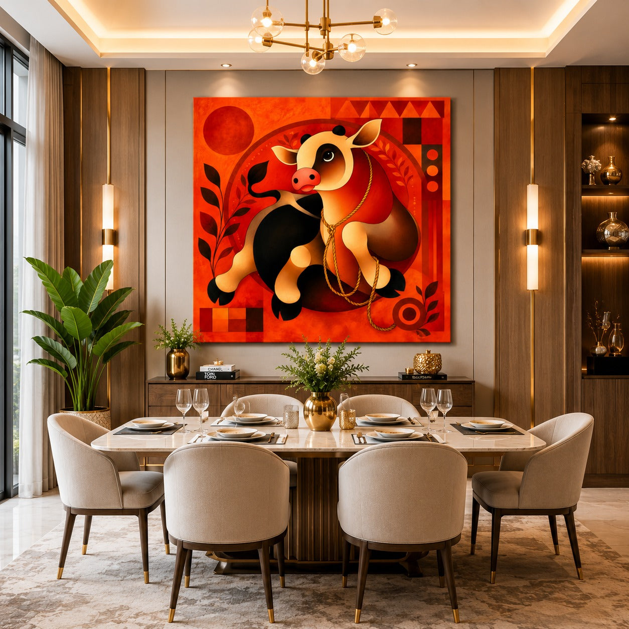 Modern Cow Canvas Painting – Contemporary Cow Wall Art | Vibrant Orange Cow Artwork for Office, Living Room & Home Decor