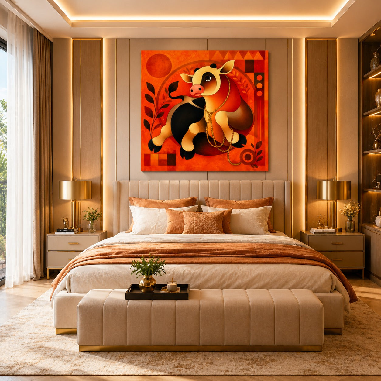 Modern Cow Canvas Painting – Contemporary Cow Wall Art | Vibrant Orange Cow Artwork for Office, Living Room & Home Decor