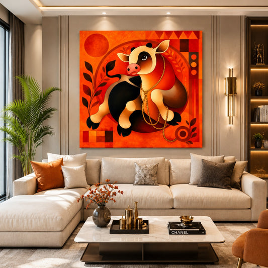 Modern Cow Canvas Painting with vibrant orange and geometric design, contemporary animal wall art for office, living room, reception area, and modern home decor.