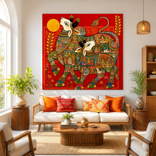 Enhance your home with this stunning Nandi Maharaj canvas painting featuring intricate Hindu divine artwork. Premium spiritual wall decor symbolizing devotion, protection, prosperity, and the blessings of Lord Shiva.