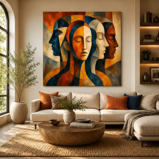 Abstract Faces Canvas Wall Art – Modern Cubist Portrait Painting for Contemporary Home Décor