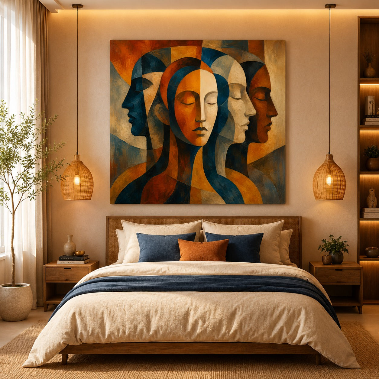 Abstract Faces Canvas Wall Art – Modern Cubist Portrait Painting for Contemporary Home Décor