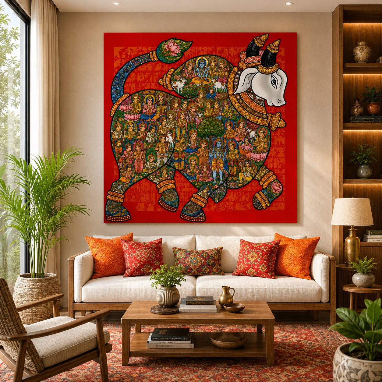 Sacred Nandi Canvas Painting – Traditional Indian Spiritual Wall Art Inspired by Hindu Heritage