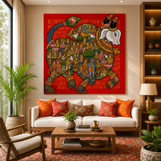 Sacred Nandi Canvas Painting – Traditional Indian Spiritual Wall Art Inspired by Hindu Heritage