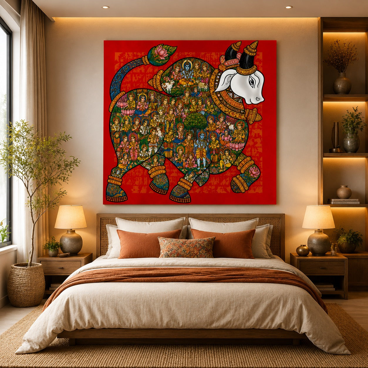 Sacred Nandi Canvas Painting – Traditional Indian Spiritual Wall Art Inspired by Hindu Heritage
