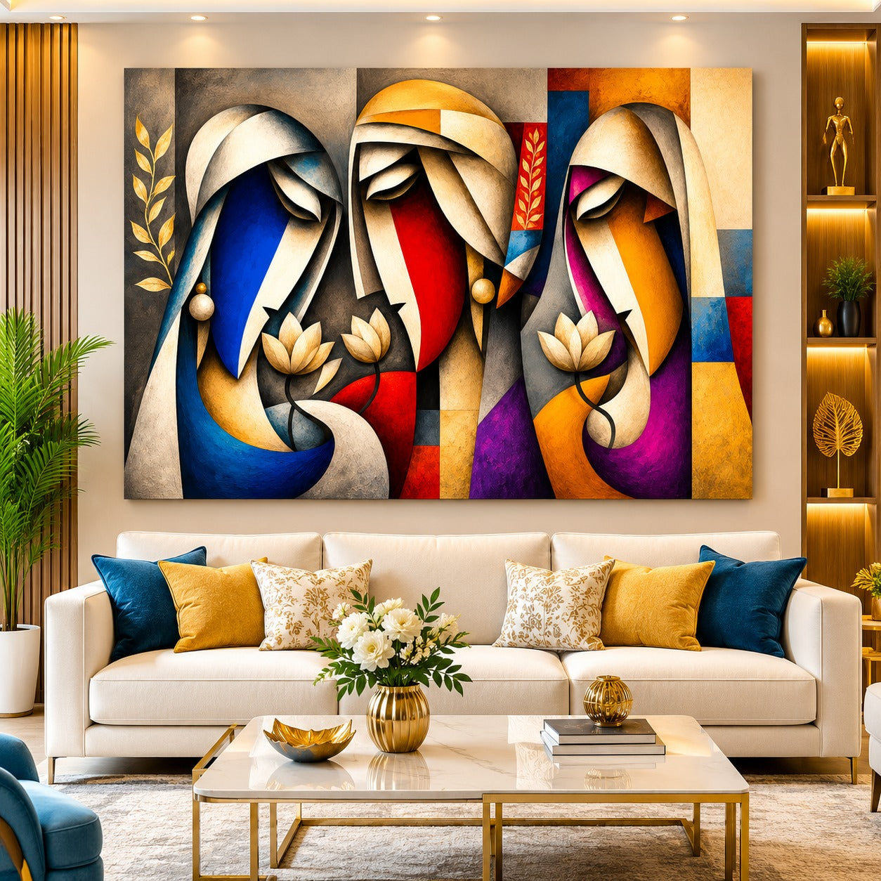 Enhance your interiors with this premium abstract canvas painting featuring elegant spiritual figures and lotus flowers. A perfect blend of modern art, luxury decor, and timeless sophistication for homes and offices.