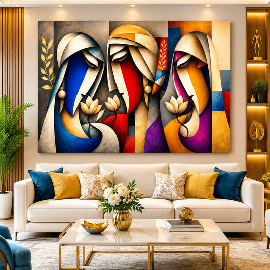 Enhance your interiors with this premium abstract canvas painting featuring elegant spiritual figures and lotus flowers. A perfect blend of modern art, luxury decor, and timeless sophistication for homes and offices.