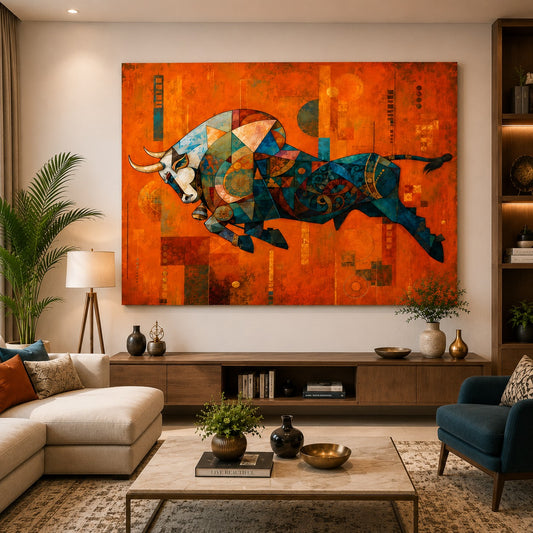 Abstract Geometric Bull Canvas Painting – Modern Luxury Wall Art for Living Room, Dining Room & Office Decor