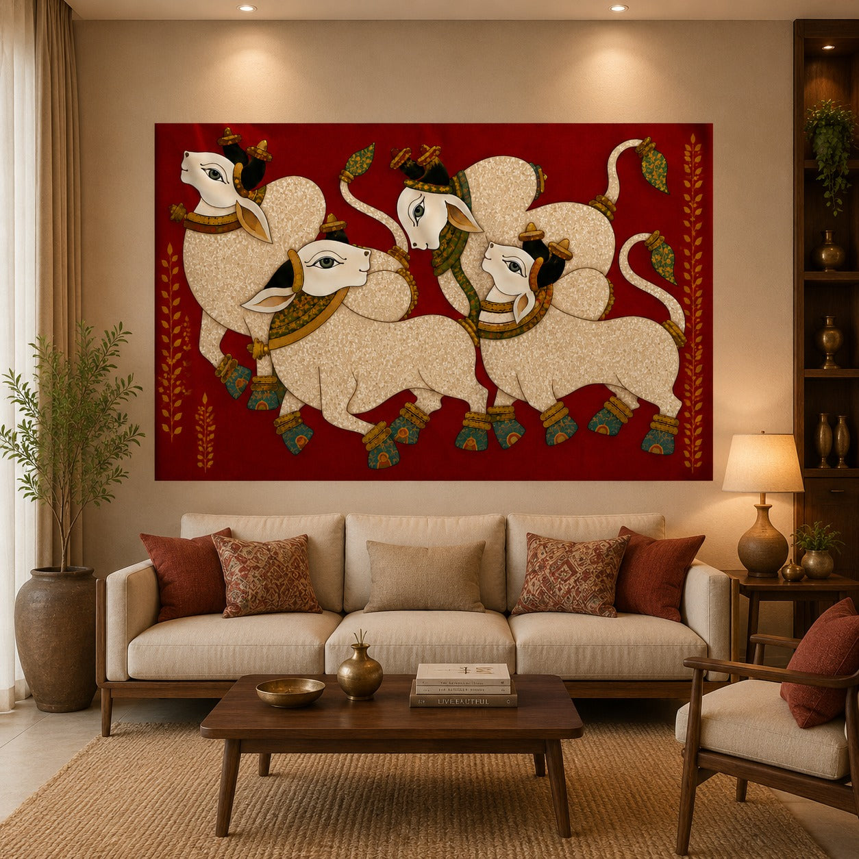 Sacred Nandi Family Canvas Painting – Traditional Indian Spiritual Wall Art for Living Room & Home Decor