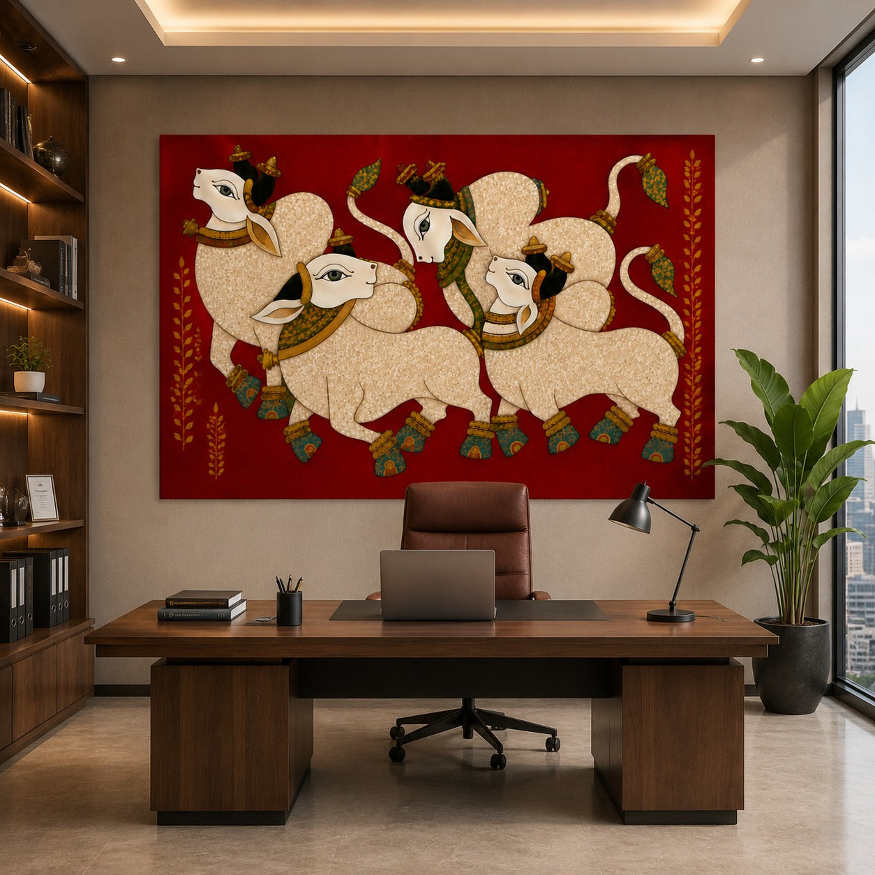 Sacred Nandi Family Canvas Painting – Traditional Indian Spiritual Wall Art for Living Room & Home Decor