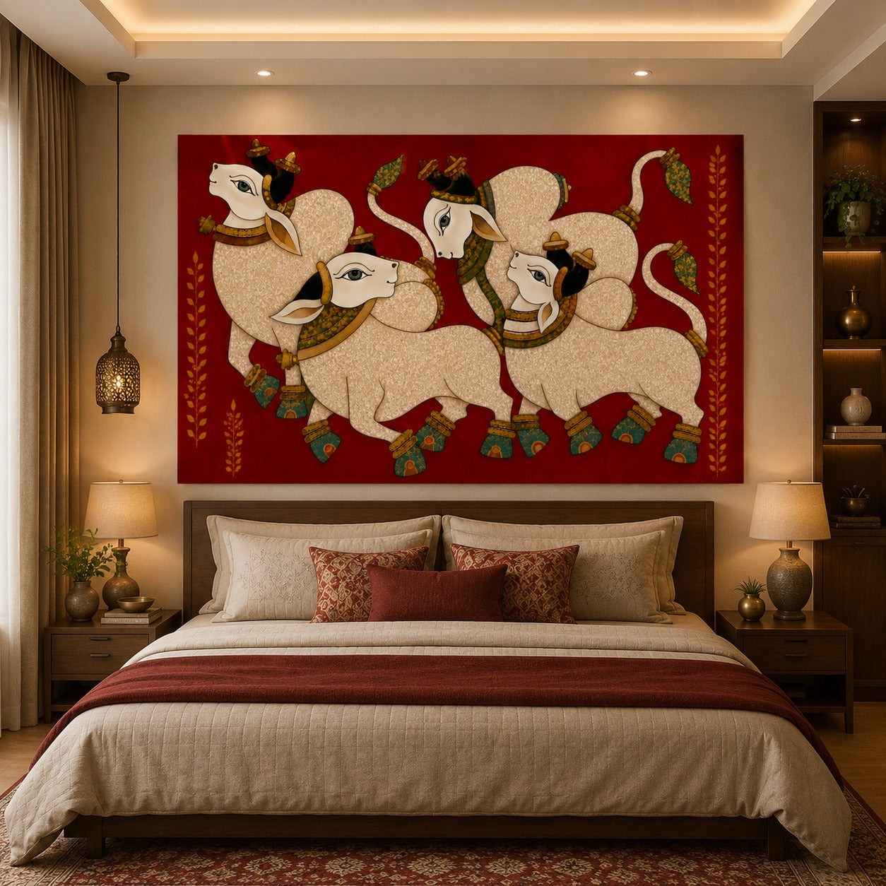 Sacred Nandi Family Canvas Painting – Traditional Indian Spiritual Wall Art for Living Room & Home Decor