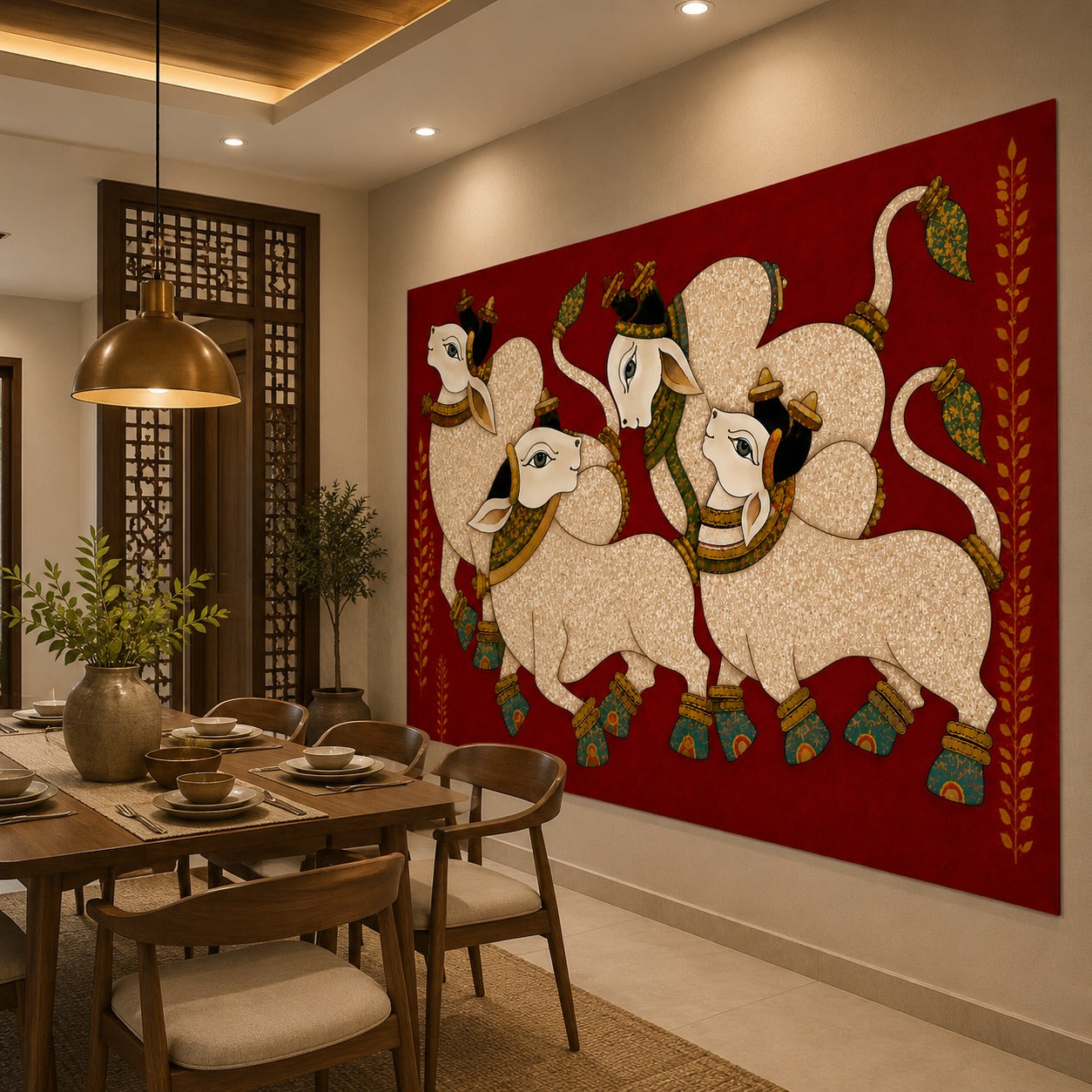 Sacred Nandi Family Canvas Painting – Traditional Indian Spiritual Wall Art for Living Room & Home Decor