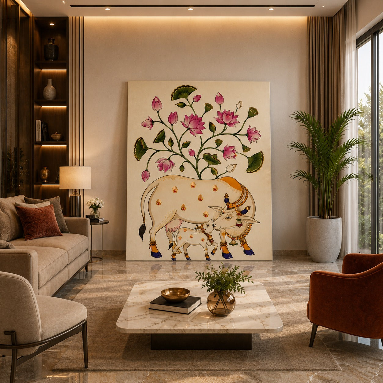 Decor Daddy Premium Kamdhenu Cow Canvas Wall Painting | Divine Lotus Wall Art for Home, Office & Temple
