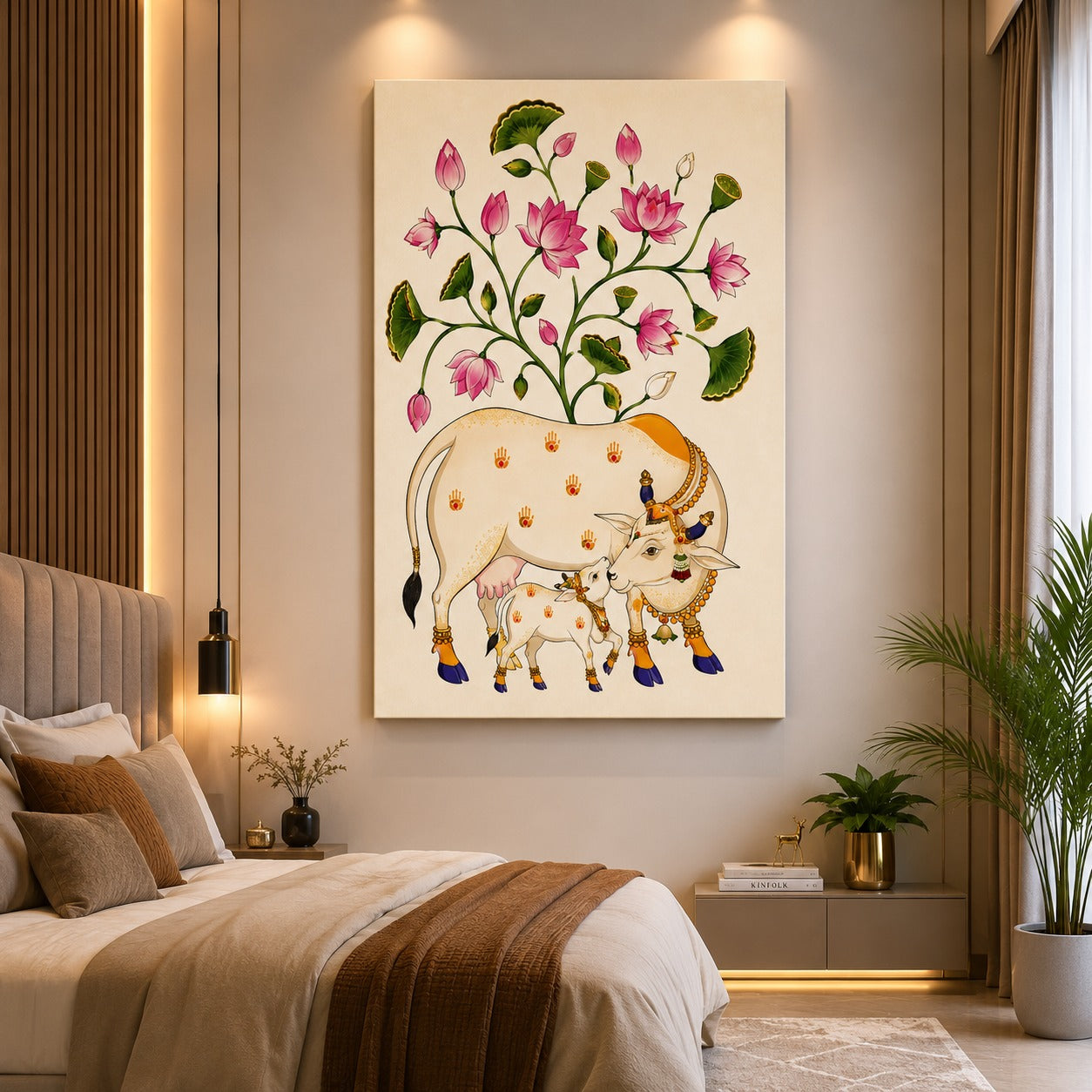 Decor Daddy Premium Kamdhenu Cow Canvas Wall Painting | Divine Lotus Wall Art for Home, Office & Temple