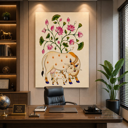 Decor Daddy Premium Kamdhenu Cow Canvas Wall Painting | Divine Lotus Wall Art for Home, Office & Temple