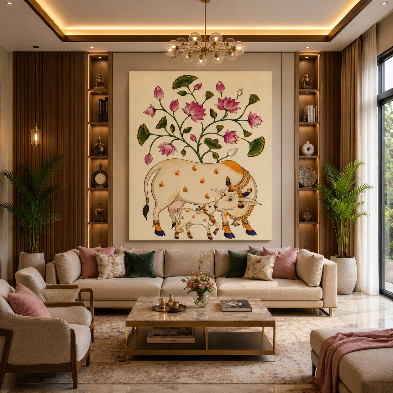 Decor Daddy Premium Kamdhenu Cow Canvas Wall Painting | Divine Lotus Wall Art for Home, Office & Temple